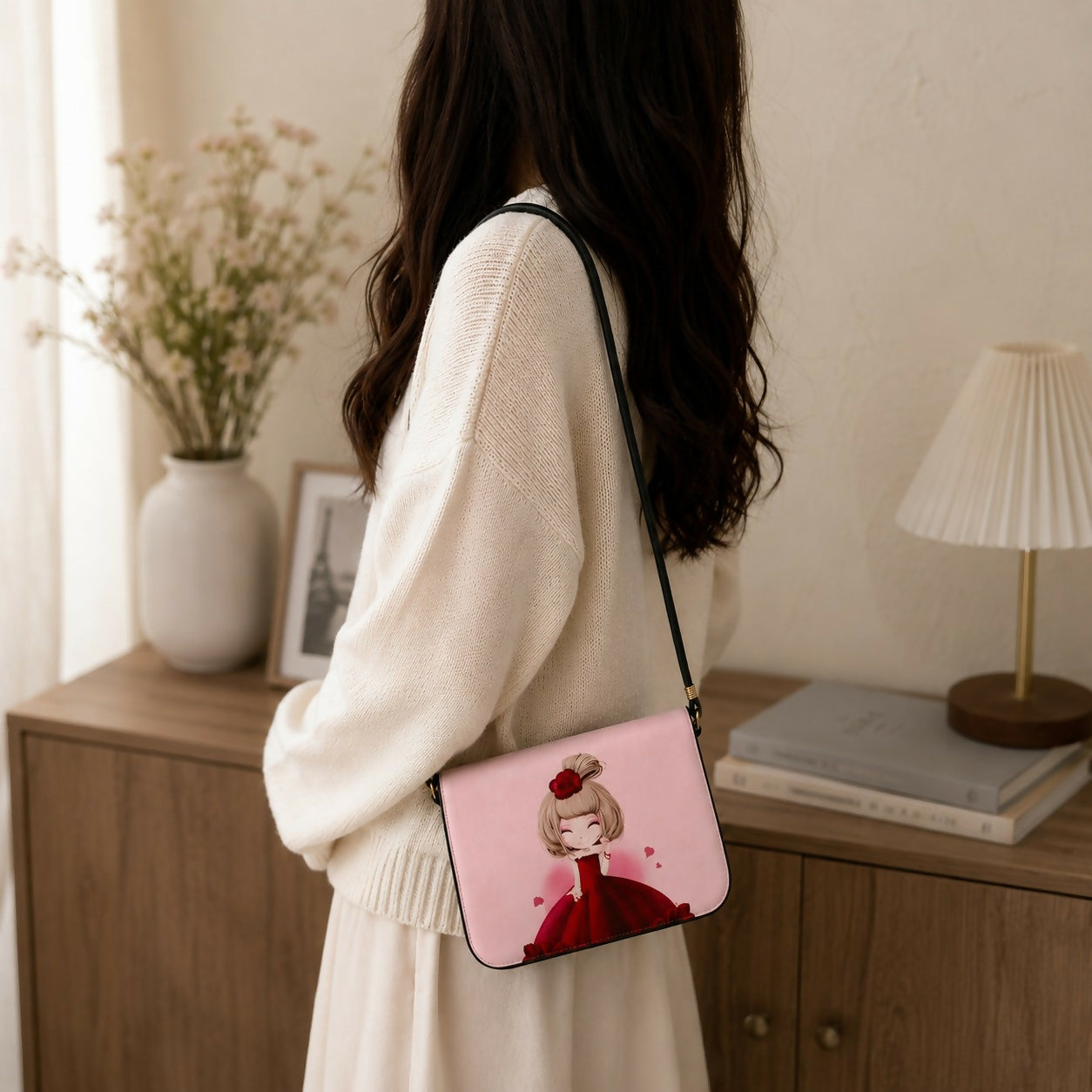 Pink cartoon girl sling bag side angle