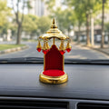 Golden Car Dashboard Idol Throne Stand with Red Beads, Hanging Charms & Premium Look