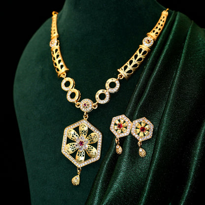 Gold Plated Hexagon Pendant Forming Necklace Set with Stones