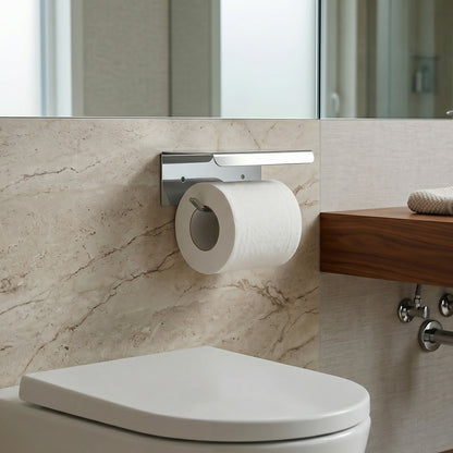 Contemporary chrome bathroom toilet paper holder with storage shelf
