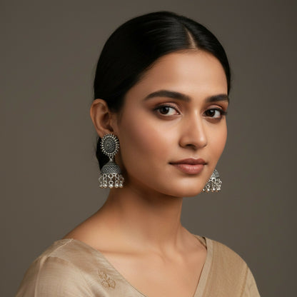 Classic oxidised Silver Jhumka Earings With Round Stud