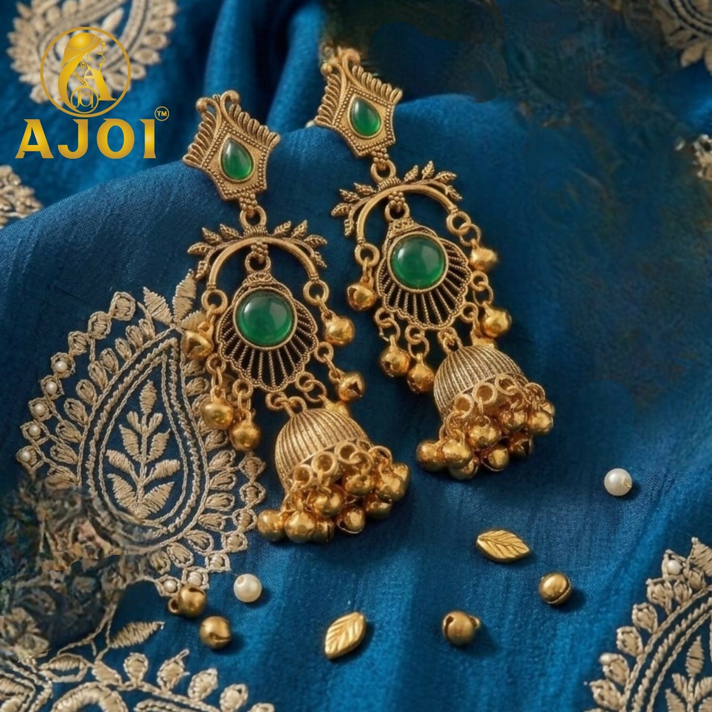 Antique Gold Plated Green Stone Traditional Jhumka Earrings for Women