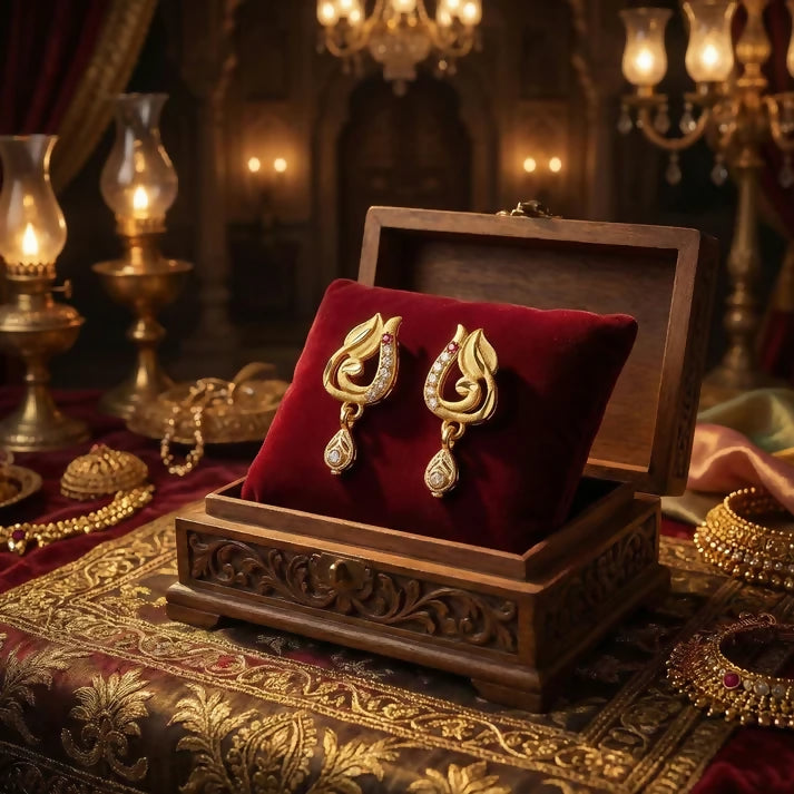 Traditional Curved Leaf Style Gold Stud Earrings With Crystal Detailing And Drop Charm