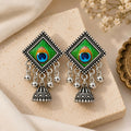Oxidised Silver-Look Peacock Feather Glass Cabochon Jhumka Earrings with Ghungroo Drops