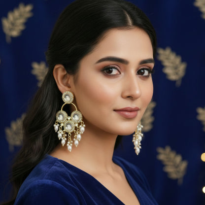 White Kundan & Pearl Drop Traditional Chandbali Earrings