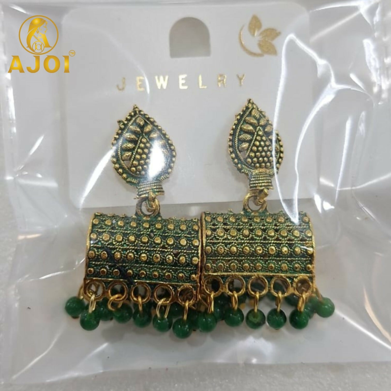 Antique Gold-Plated Leaf Design Jhumka Earrings with Green Bead Drops