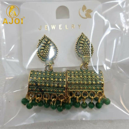 Antique Gold-Plated Leaf Design Jhumka Earrings with Green Bead Drops