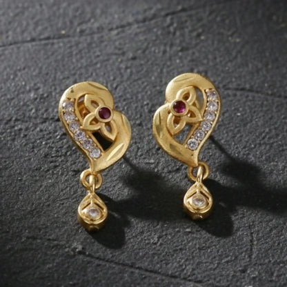 Decorative Leaf Pattern Gold Stud Earrings With Embedded Stones And Drop Element