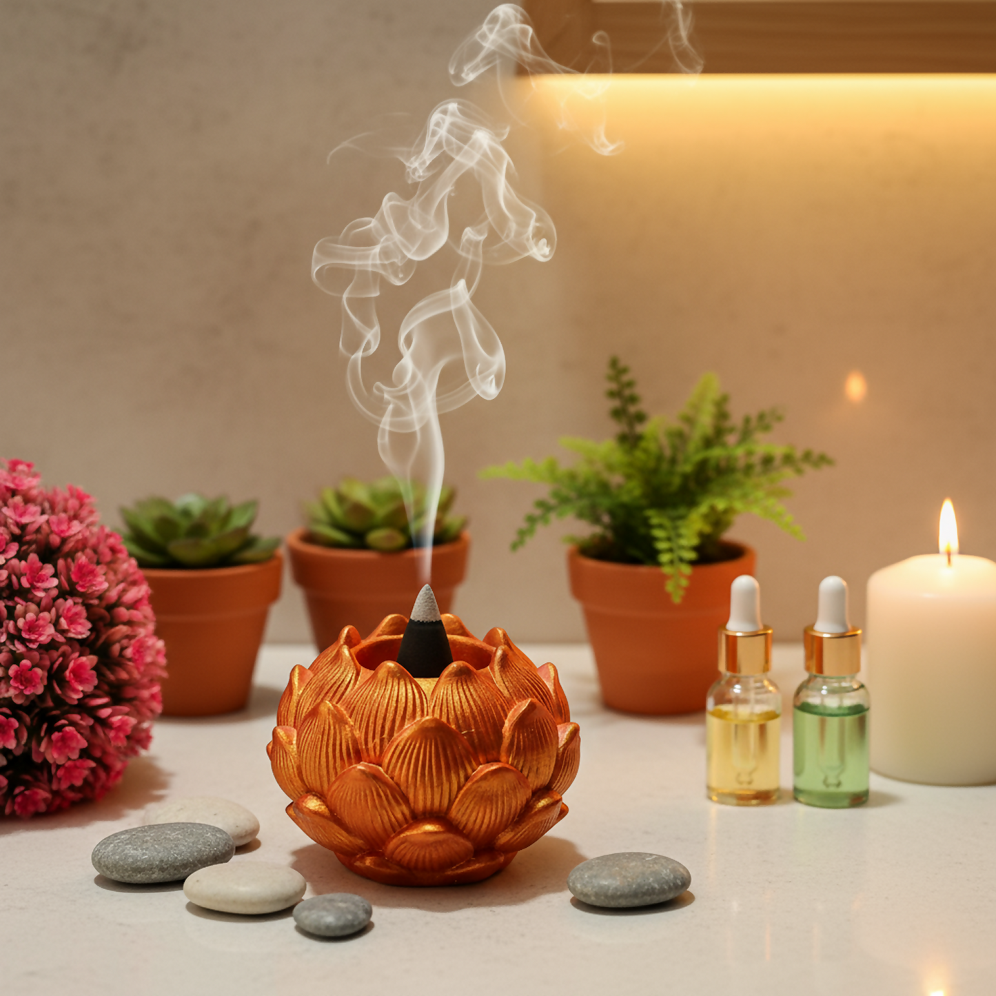 Big Kamal Lotus Decorative Diya Multi-Purpose Tealight Candle Holder, Dhoop Cone Stand, Pooja Diya & Mini Planter (Rose Gold, Metallic Pink)