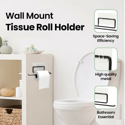 Black metal paper towel holder with a roll of toilet paper, attached to a white cabinet next to a toilet.