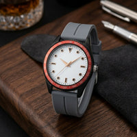 Grey Strap Analog Wrist Watch with White Dial and Red Sporty Bezel for Men
