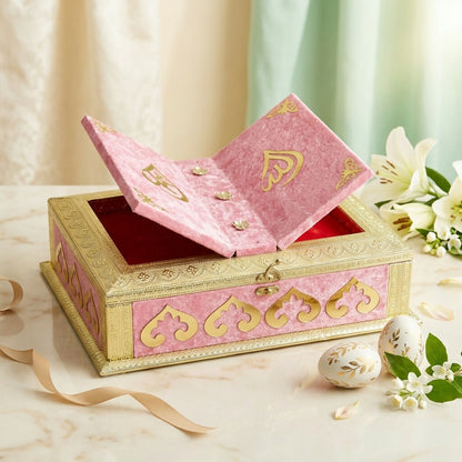 Open Luxury Velvet Quran Box showing red velvet lining and printed Ayat-ul-Kursi