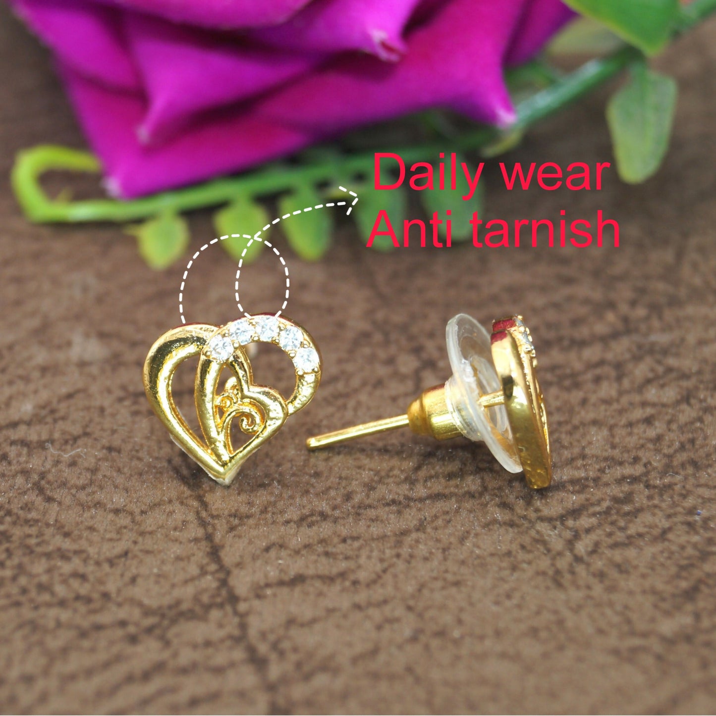 Gold Plated Interlocking Heart Stud Earrings with AD for women & girls