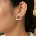 Gold-Tone Fan-Shaped Stud Earrings with Crystal Frame and Pearl Fringe for Women