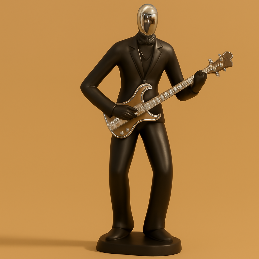 HOME DECOR Elegant Black Guitarist Figurine | Modern Musician Statue with Chrome Face & Guitar | Artistic Home Décor Sculpture for Living Room, Office, Café, Studio | Perfect Music Lover Gift