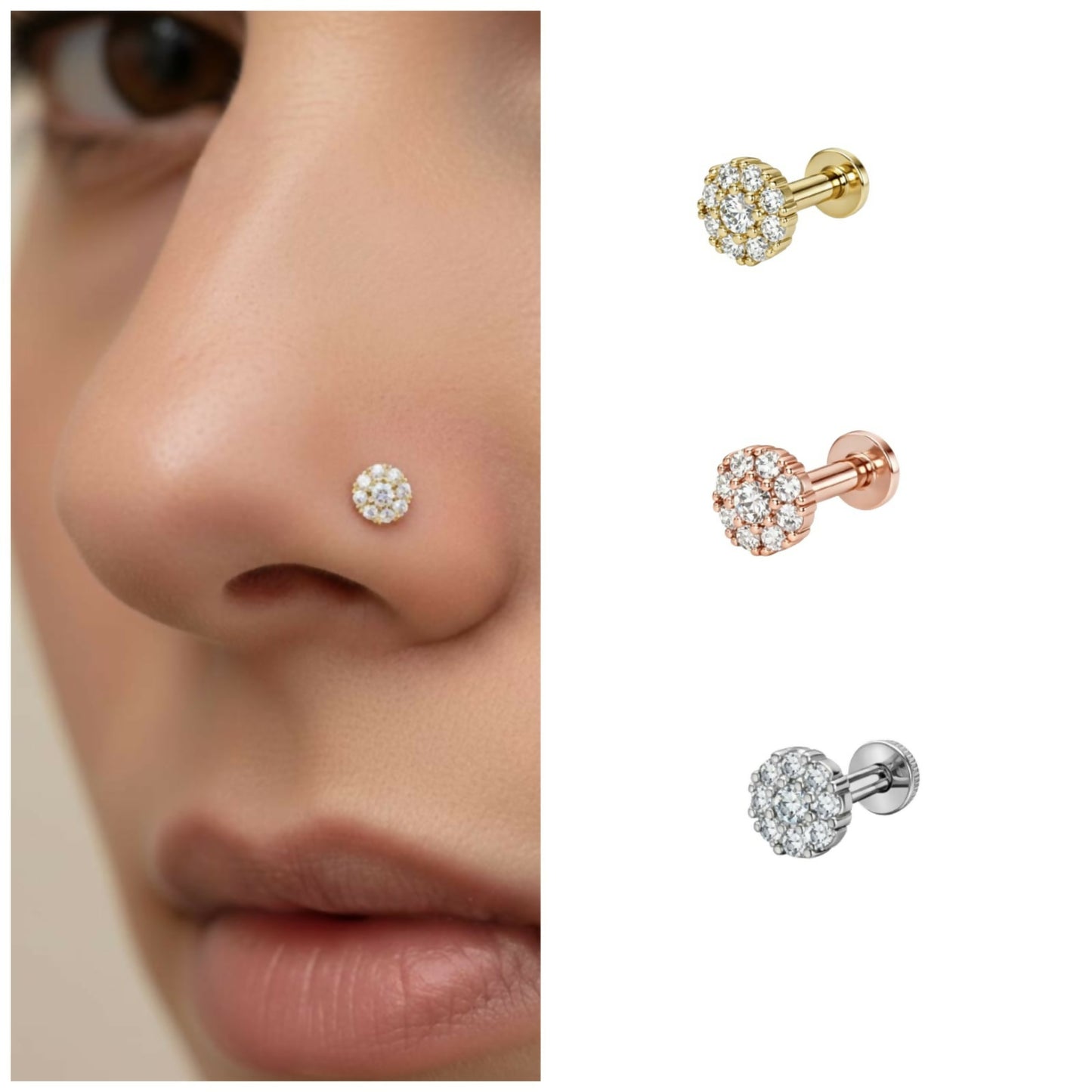 Rose gold plated Cluster Flower nosepin stud with flat-back design