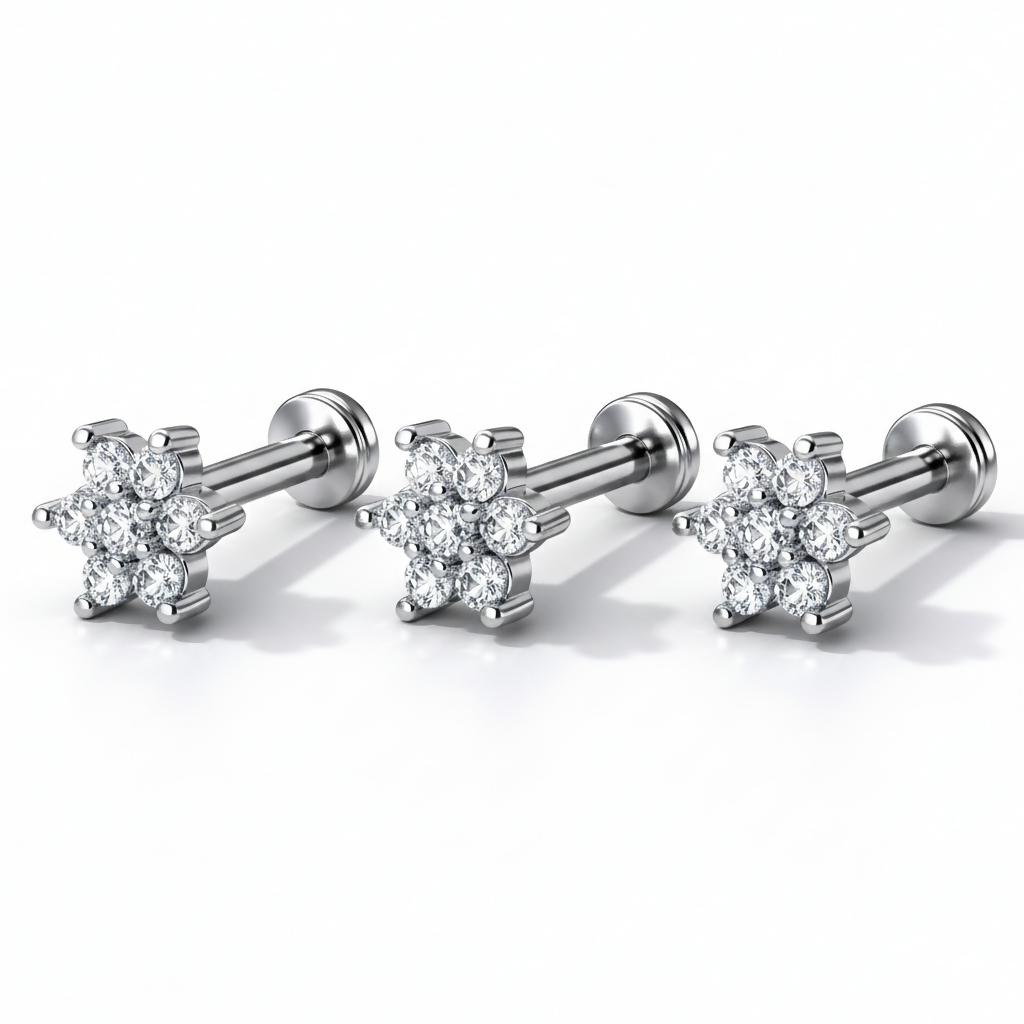 Silver plated crystal flower labret earrings perfect for tragus and helix piercings