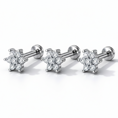 Silver plated crystal flower labret earrings perfect for tragus and helix piercings