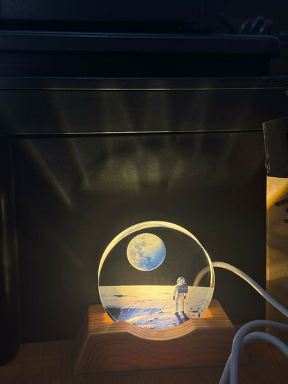Astronaut Moon 3D Acrylic LED Night Lamp with Wooden Base for Home Decor