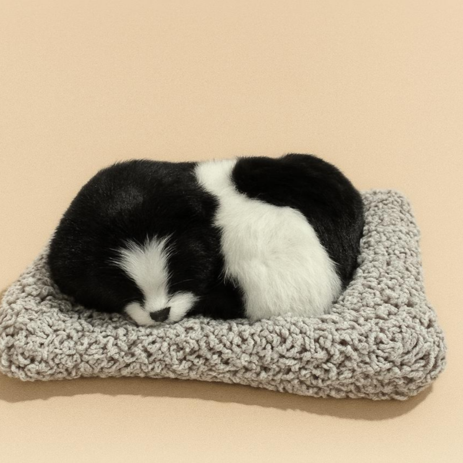 Premium Black & White Sleeping Puppy Dashboard Toy – Ultra-Soft Faux Fur Realistic Dog Figurine with Cozy Plush Knitted Bed, Cute Car Dashboard Decor Ornament, Home & Office Table Showpiece, Adorable Gift for Dog Lovers & Kids