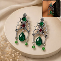 Antique Silver Green Stone Drop Earrings with Vintage Tribal Designer Jewellery