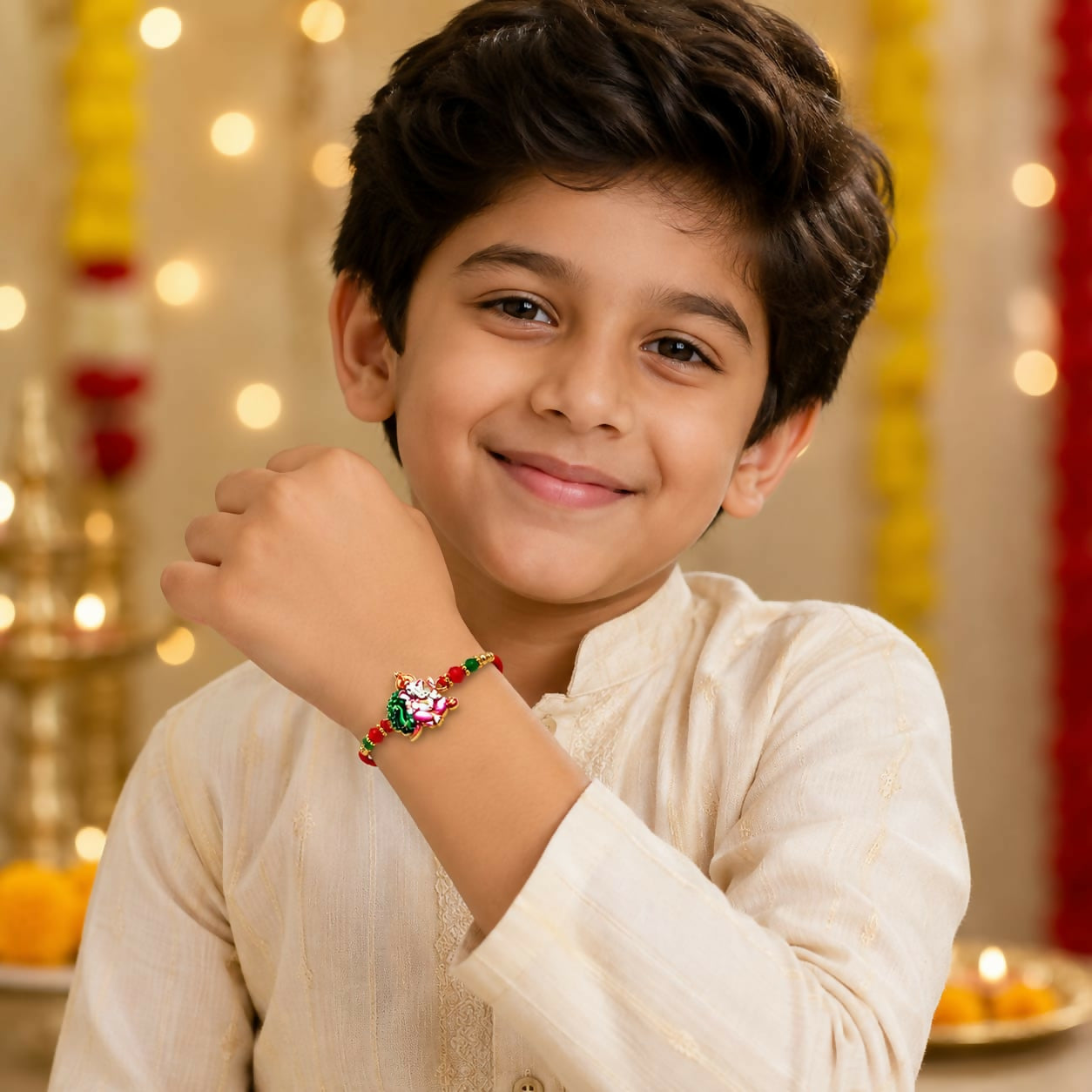 A smiling child wearing a red thread with an enamel Ganesha charm, green and red crystal beads, and golden beads, against a