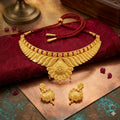 Gold Plated Necklace Set with Red Dori and Matching Earrings