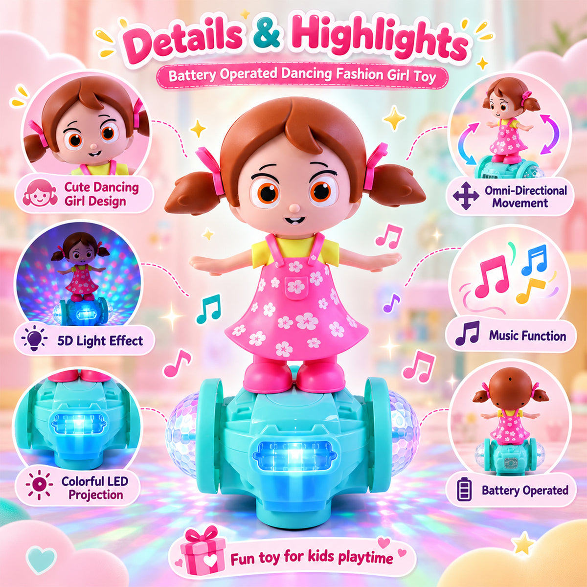 Musical Doll Toy with Colourful LED Lights and Multidirectional Movement (1 Pc)