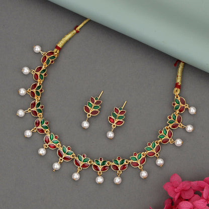 Rose Gold-Tone Bright Red & Green Enamel Lotus Choker Set