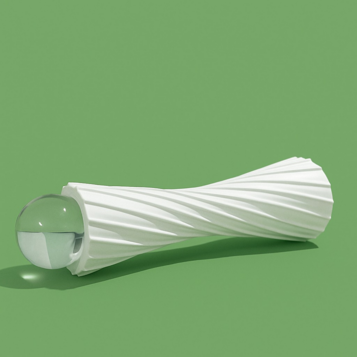 Side view of elegant white spiral resin sculpture featuring clear glass ball