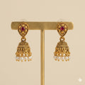 Antique Gold Plated Teardrop Floral Ruby Jhumka Earrings