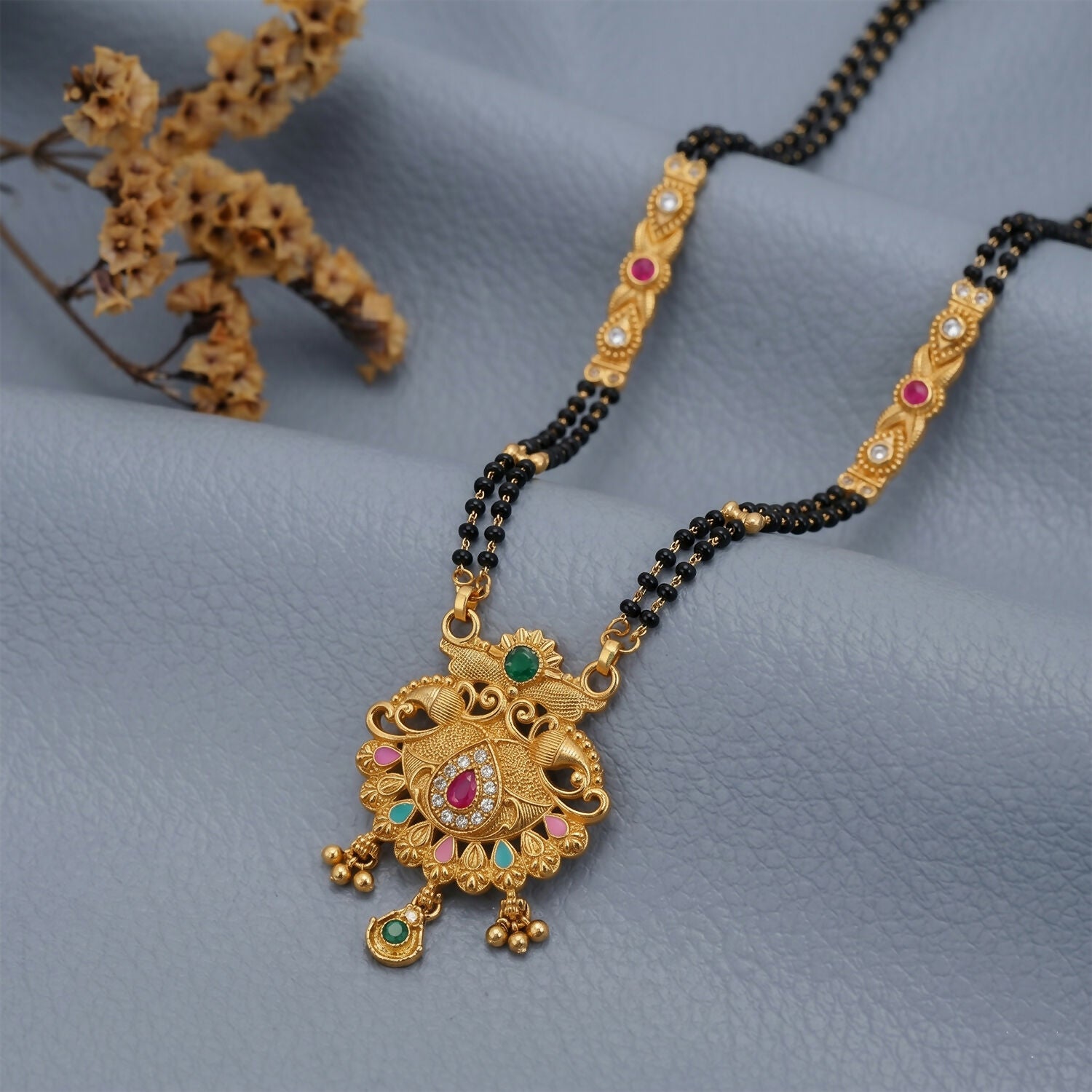 Mirrored Twin Peacock Pendant with Pastel Drop Long Double Strand Mangalsutra