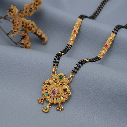 Mirrored Twin Peacock Pendant with Pastel Drop Long Double Strand Mangalsutra