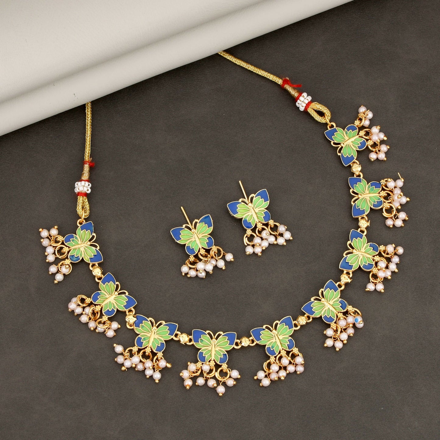 Vibrant Enamel Butterfly Choker Necklace Set with Pearl Drops