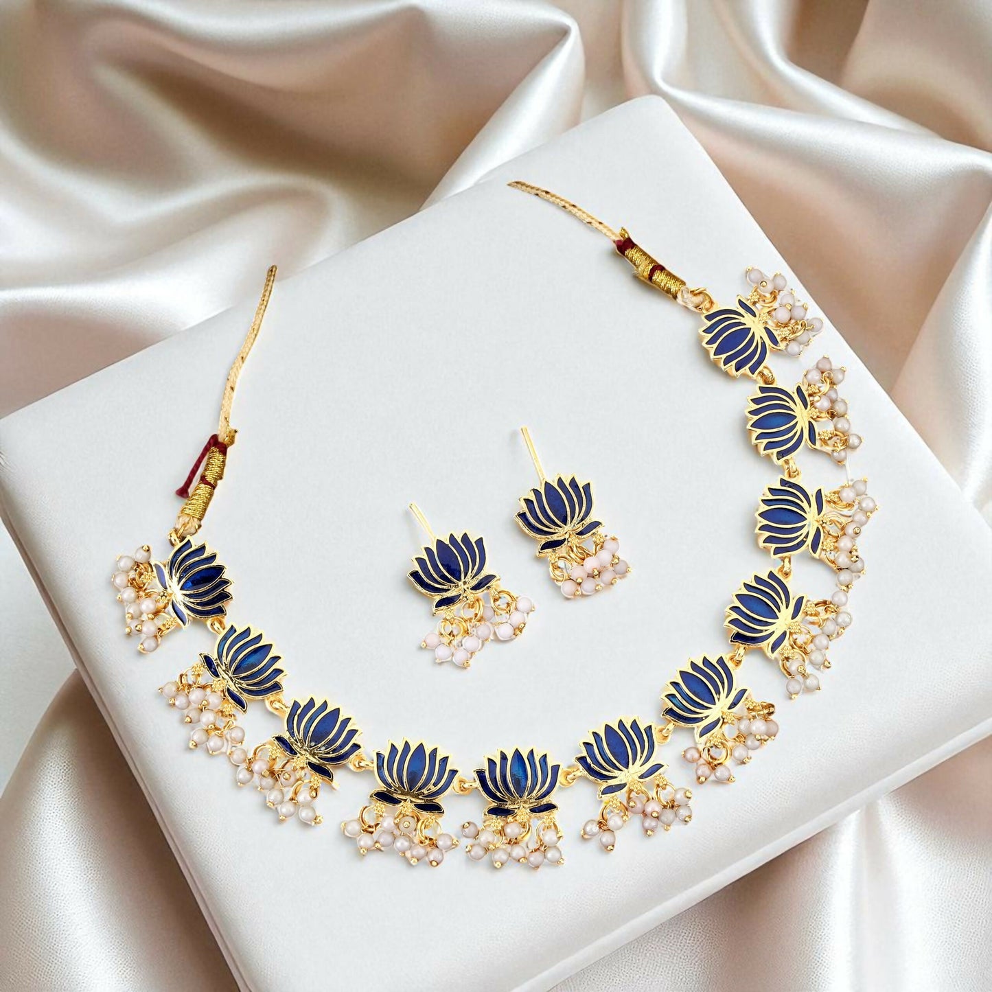Gold Necklace with Blue Lotus & White Beads Pendant for Women Stylish Jewelry Set