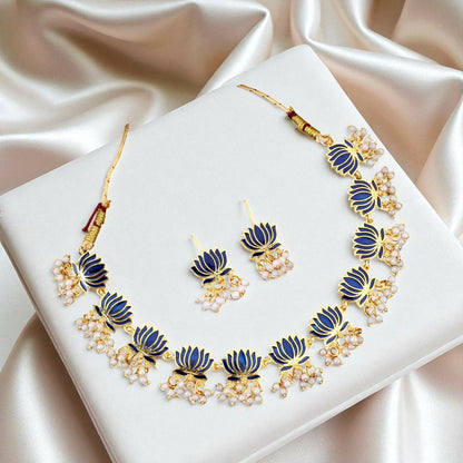 Gold Necklace with Blue Lotus & White Beads Pendant for Women Stylish Jewelry Set