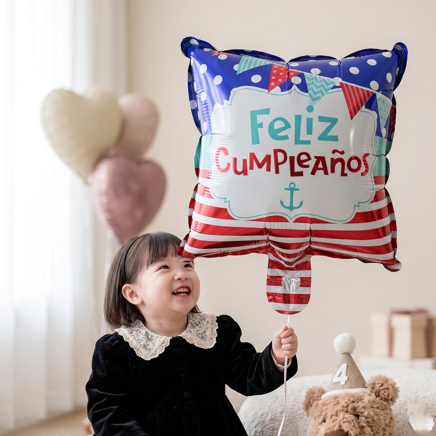 Side view of Feliz Cumpleanos foil balloon