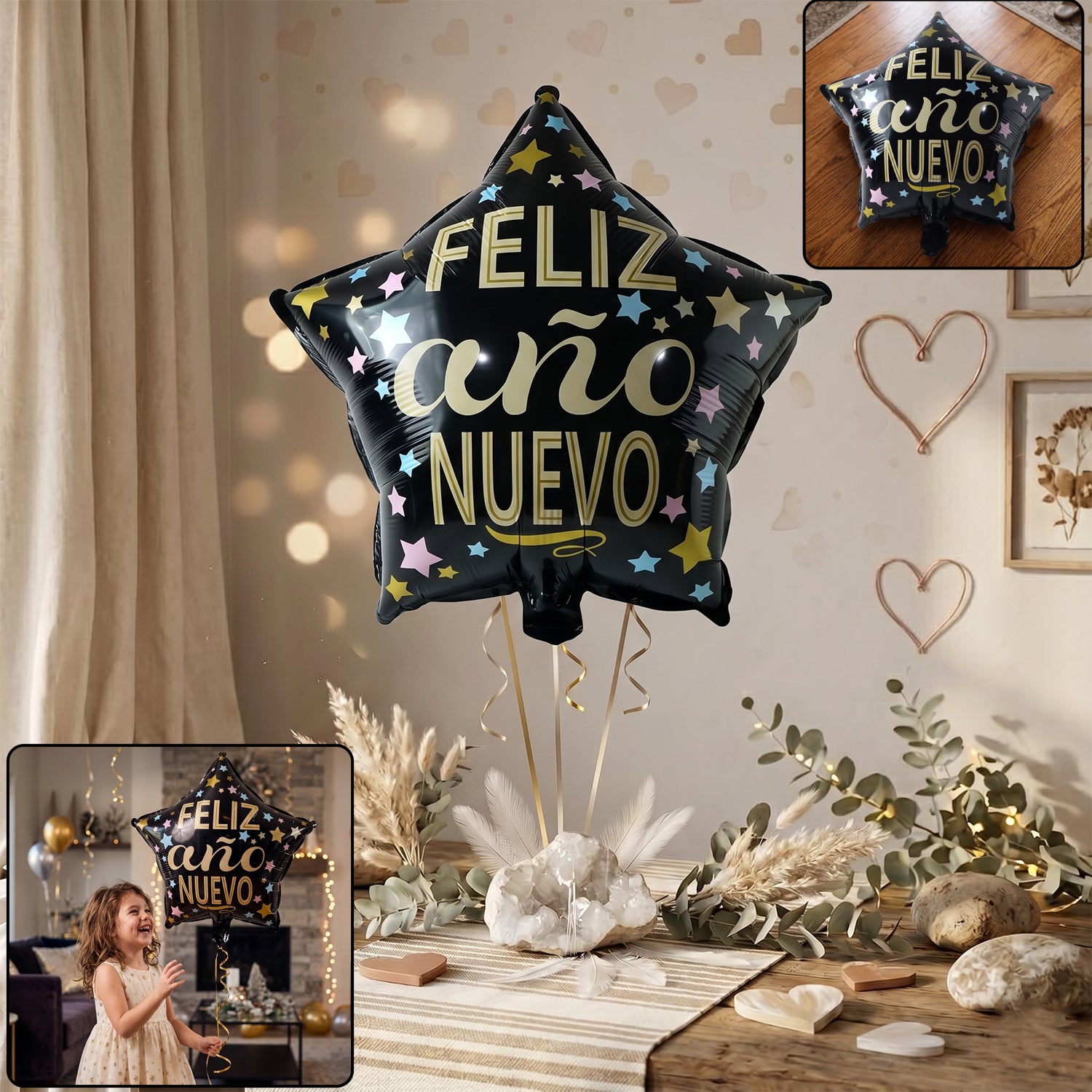 Black Star Feliz Ano Nuevo shiny foil balloon front view