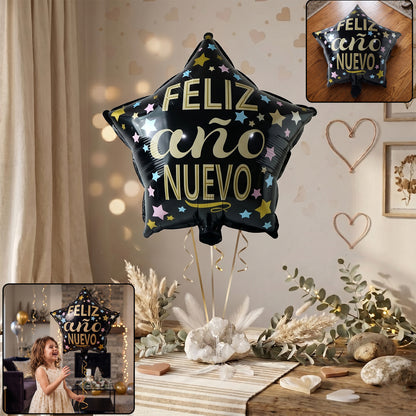 Black Star Feliz Ano Nuevo shiny foil balloon front view