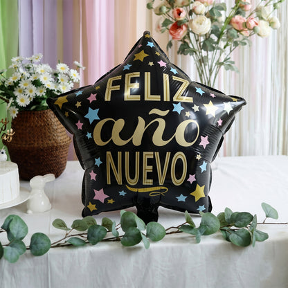 Black Star Feliz Ano Nuevo foil balloon side view