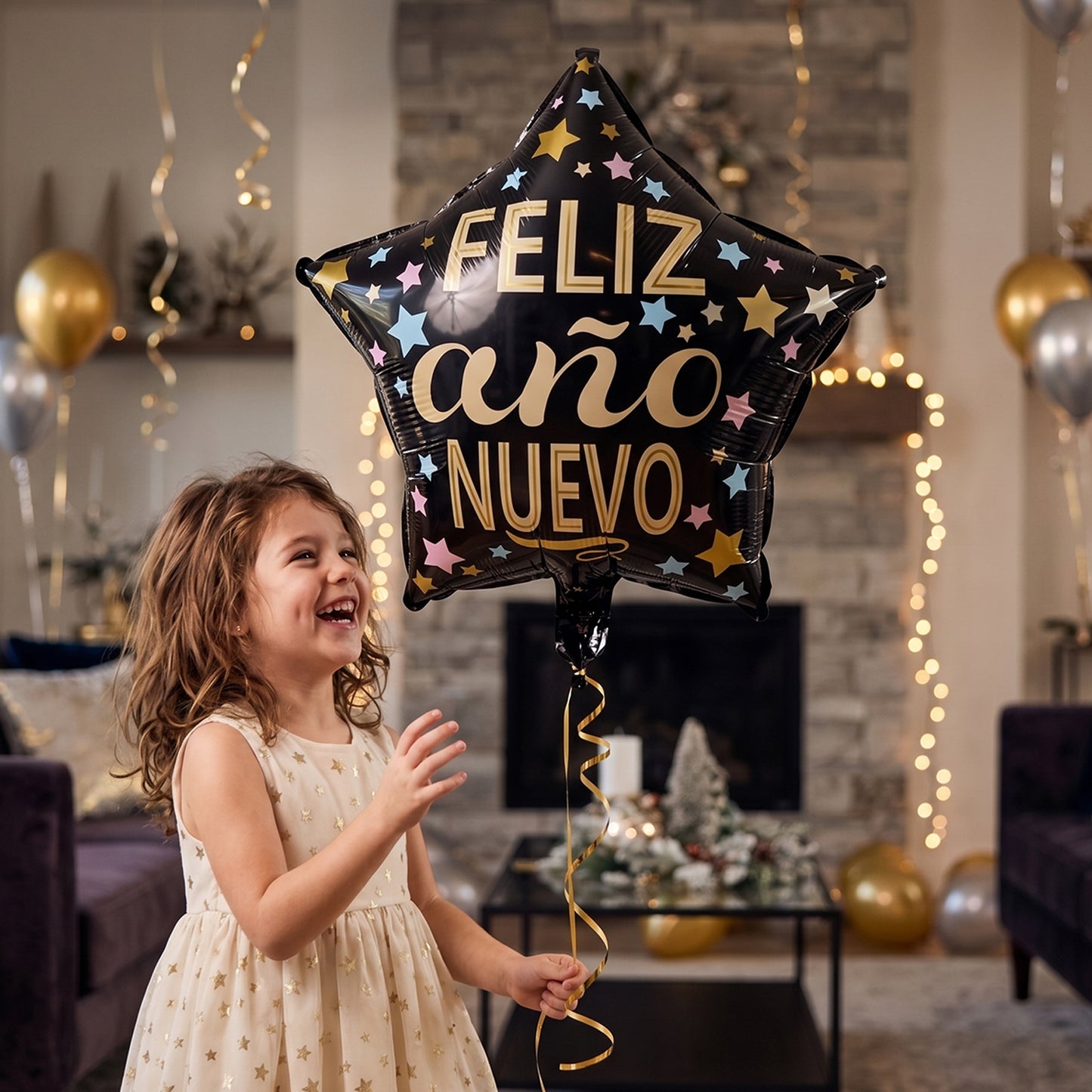 Black Star Feliz Ano Nuevo foil balloon angled view