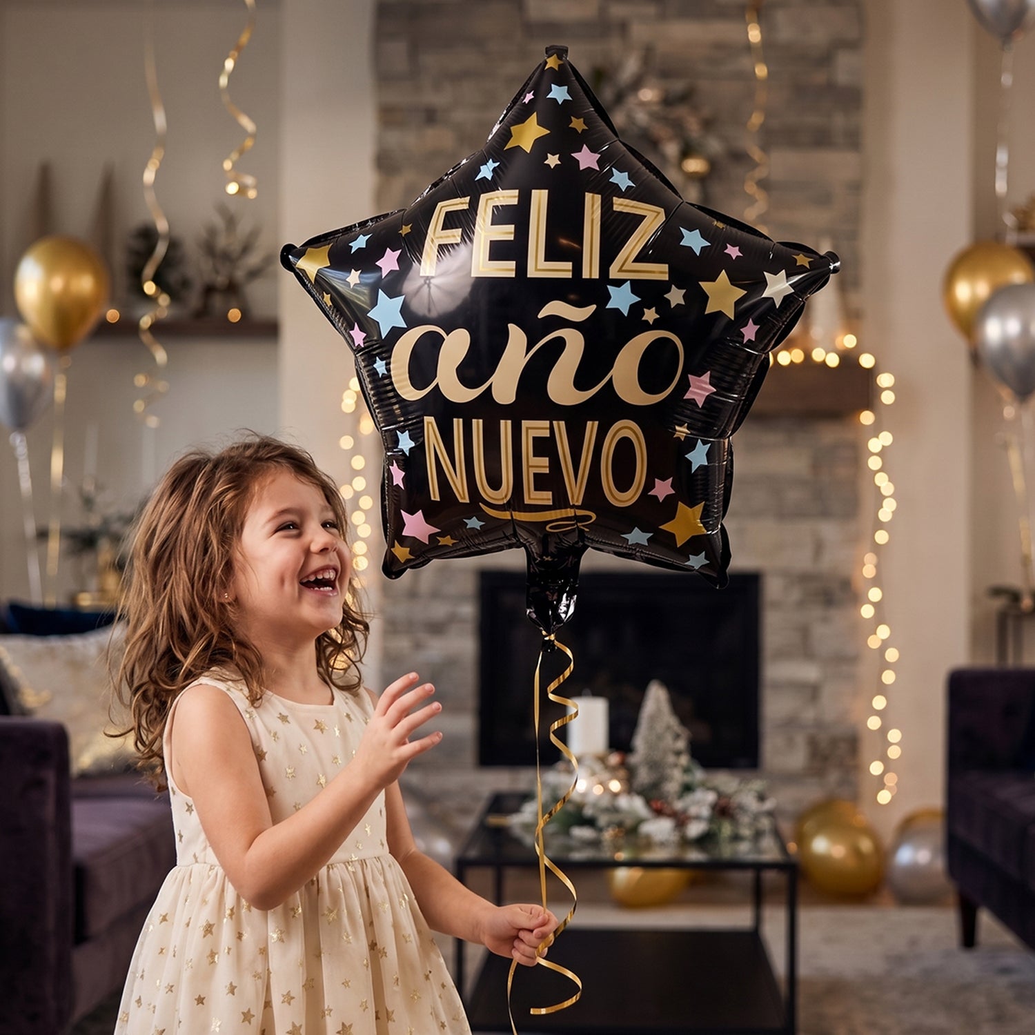 Black Star Feliz Ano Nuevo foil balloon angled view