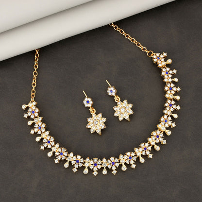 Diamond-Look Floral Choker Necklace Set with Blue Accents