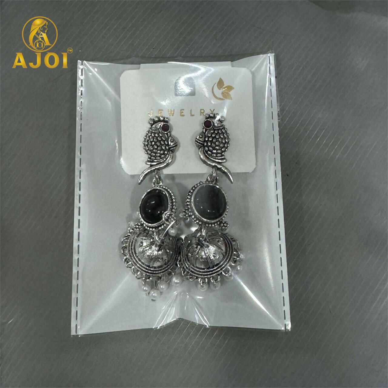 Moonlit Black Stone Peacock Earrings – Oxidized Silver Finish
