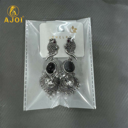 Moonlit Black Stone Peacock Earrings – Oxidized Silver Finish