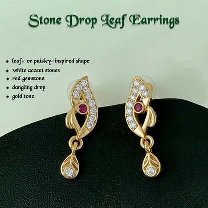Stylish Leaf Pattern Gold Earrings with Stone Work & Drop Charm