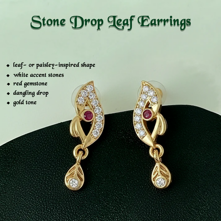 Stylish Leaf Pattern Gold Earrings with Stone Work & Drop Charm
