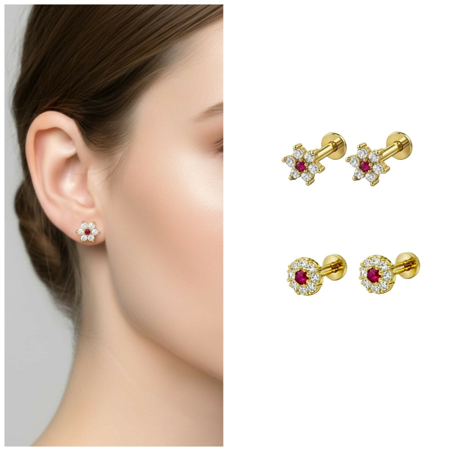 Pair of gold plated ruby and diamond floral stud earrings with flat-back posts