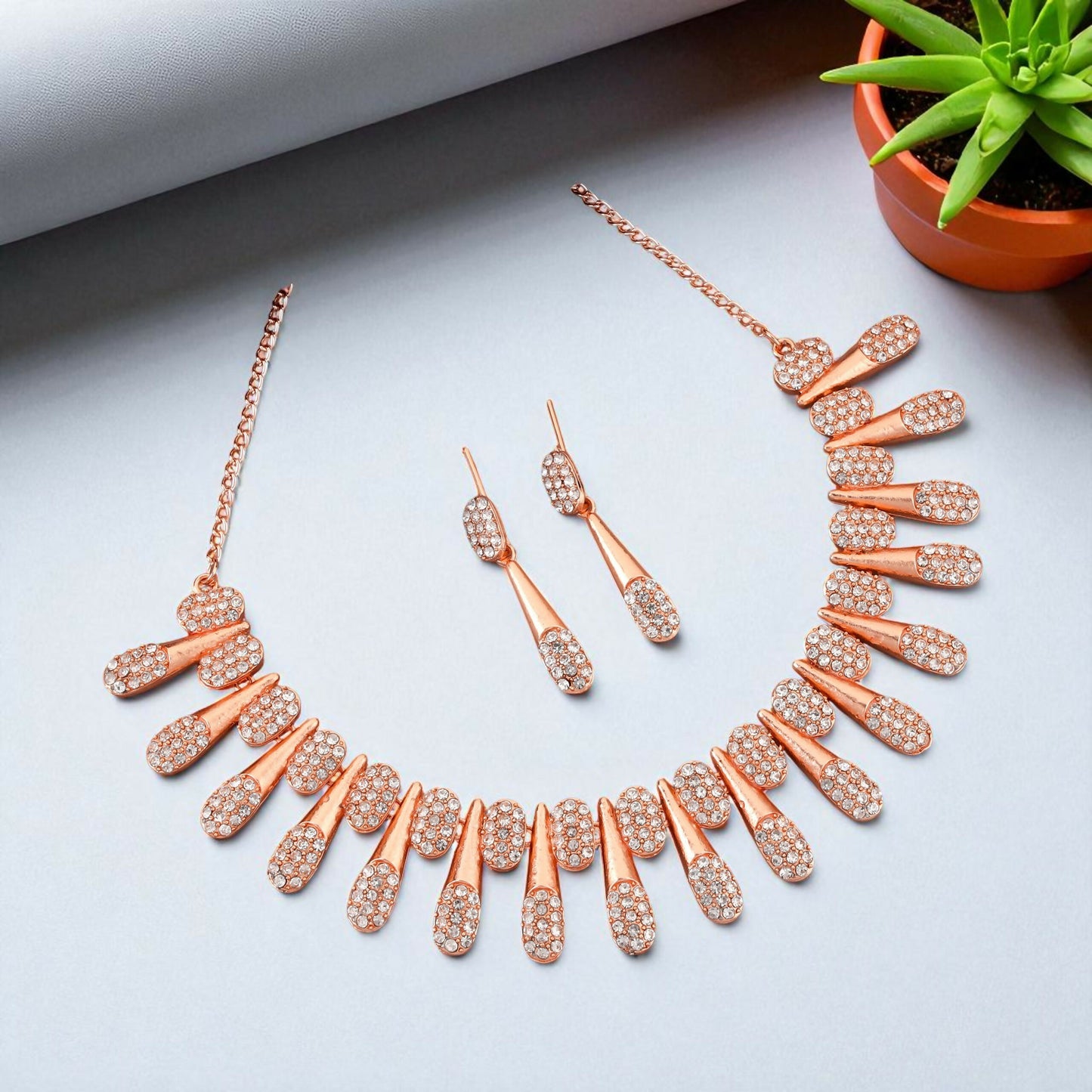 Chic Rose Gold-Toned American Diamond Tassel Necklace Set