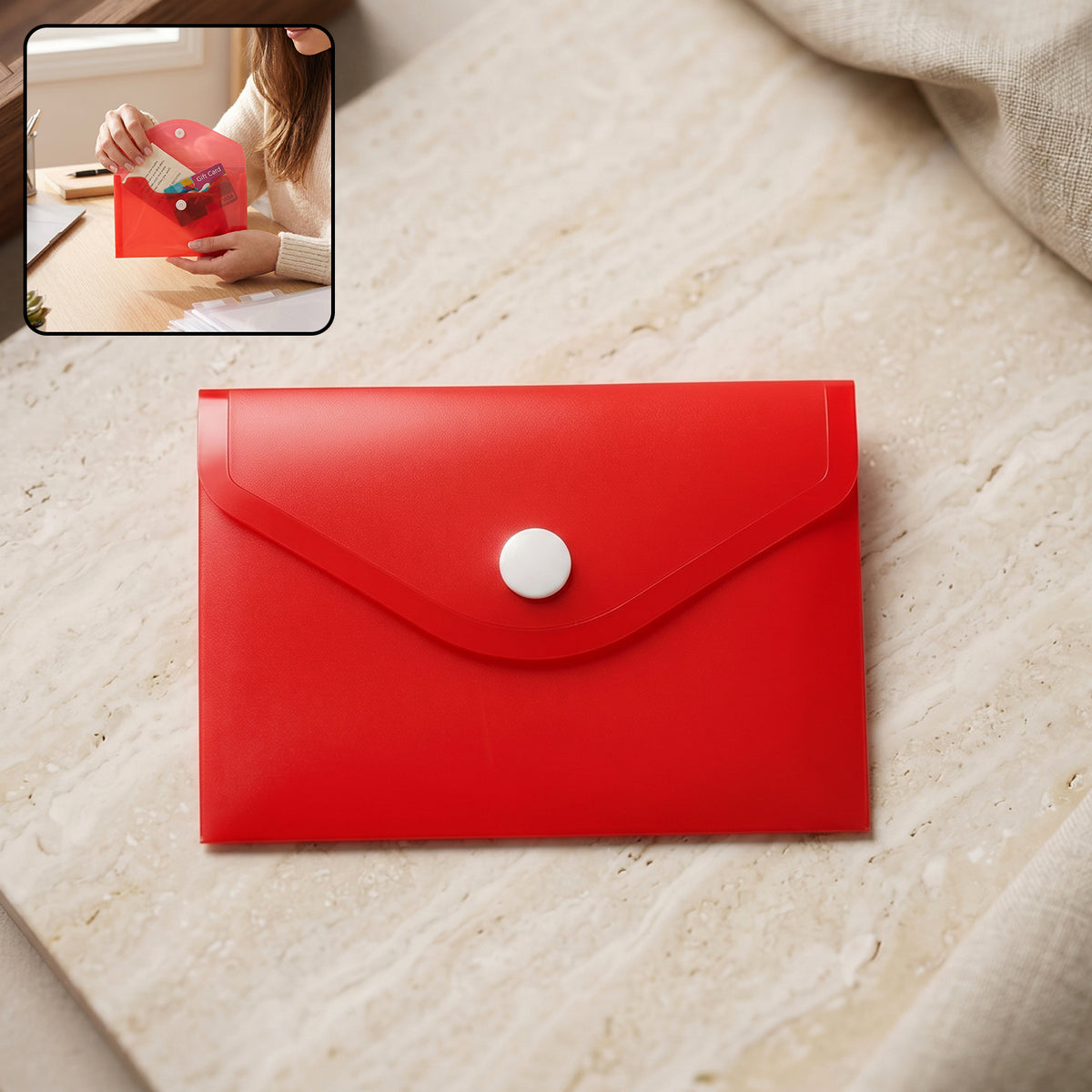Translucent plastic document folder envelope with snap closure in assorted colors
